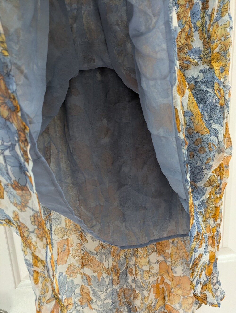 Blue Tassel Silk Chiffon Floral Midi Skirt in Mustard and Blue- Anthropologie - Picture 7 of 9